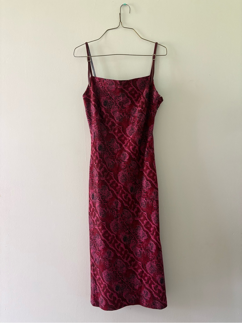 Women's Burgundy and pink Snake-Print Slip Dress with buckle strap details